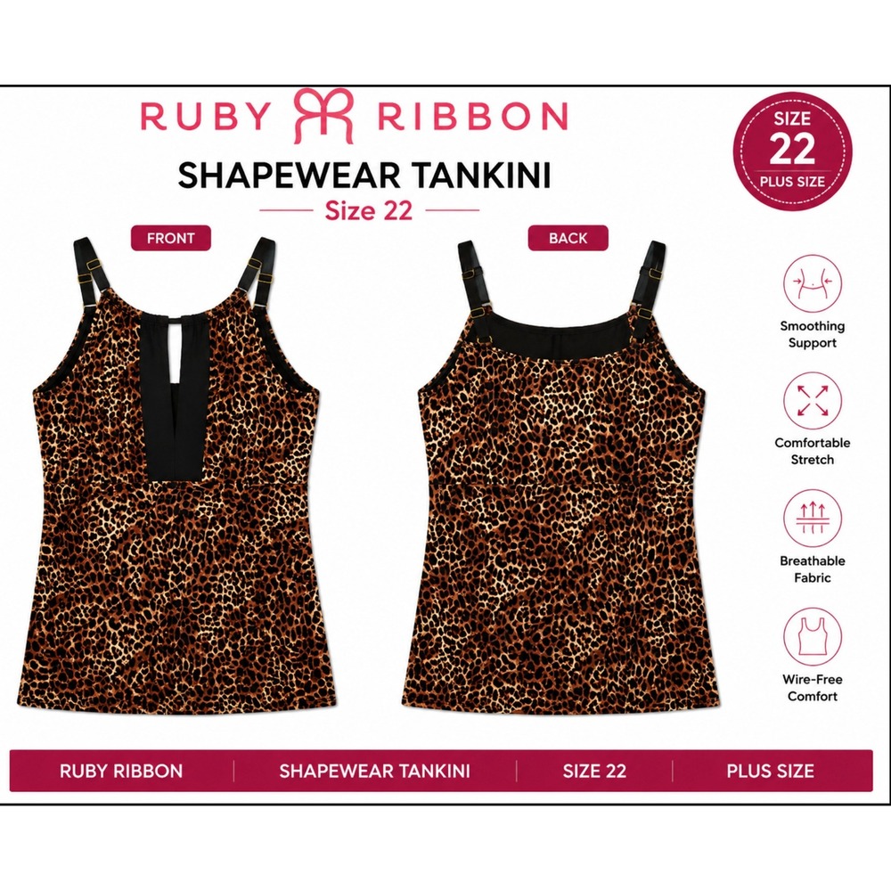 Ruby Ribbon Tankini Women 22 Brown Leopard Miami Beach Shapewear Swim Wire-Free - Picture 1 of 5